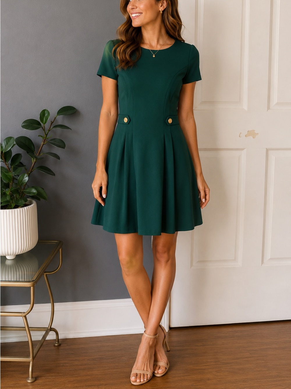 Vince Camuto Classic Emerald Green Short Sleeve Fit-and-Flare Dress